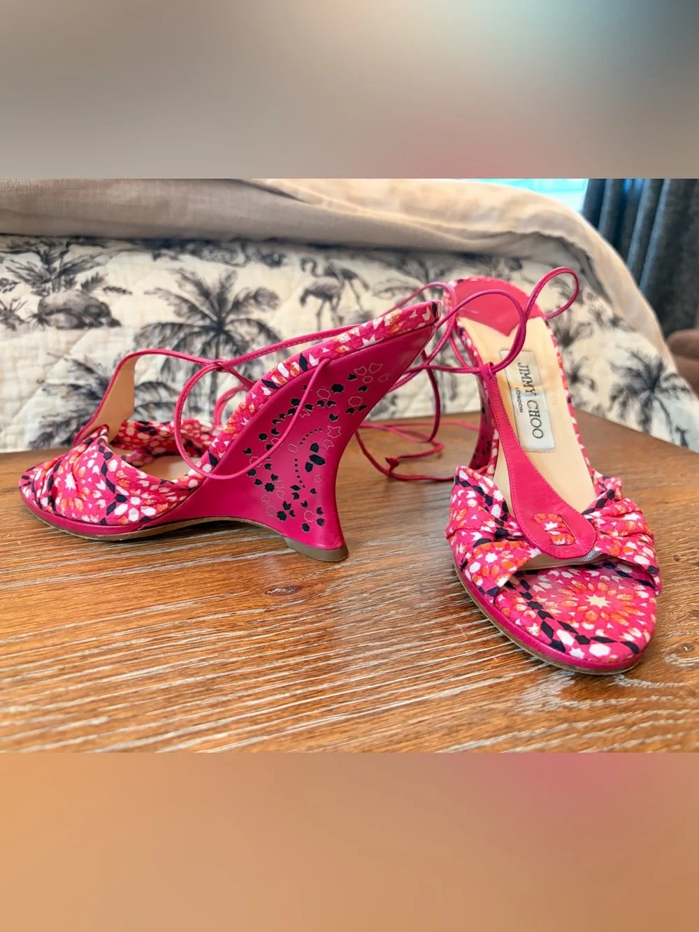 Jimmy Choo Pink Floral Lace-Up Heels wedges Sandals